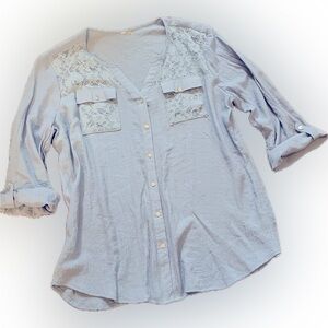 NY Collection Chambray Blue Front Lace Inset Button Down Roll Tab Sleeve Blouse